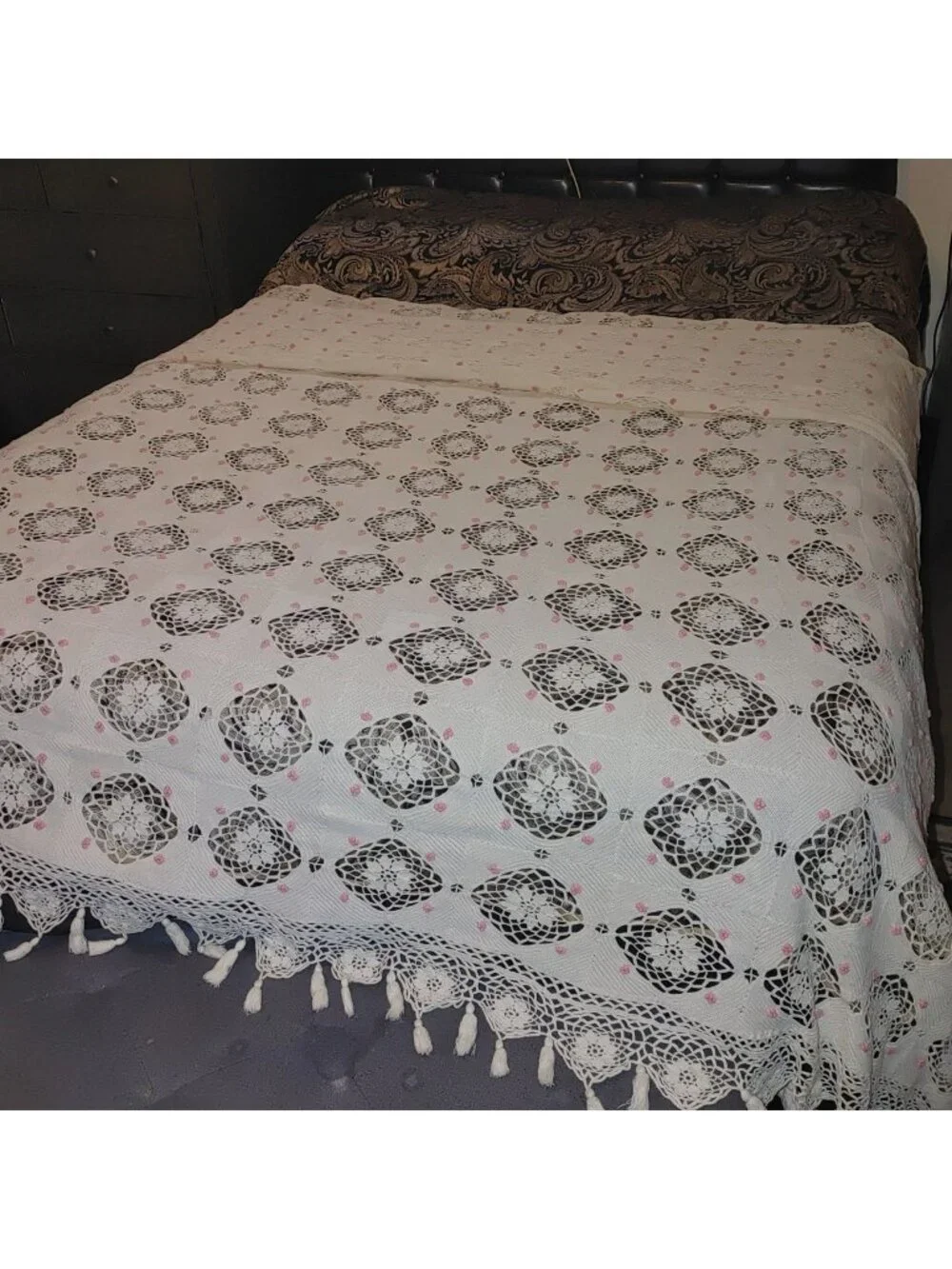 White Crochet King Bedspread Vintage Handmade Lattice Tassel Lace Floral Flower